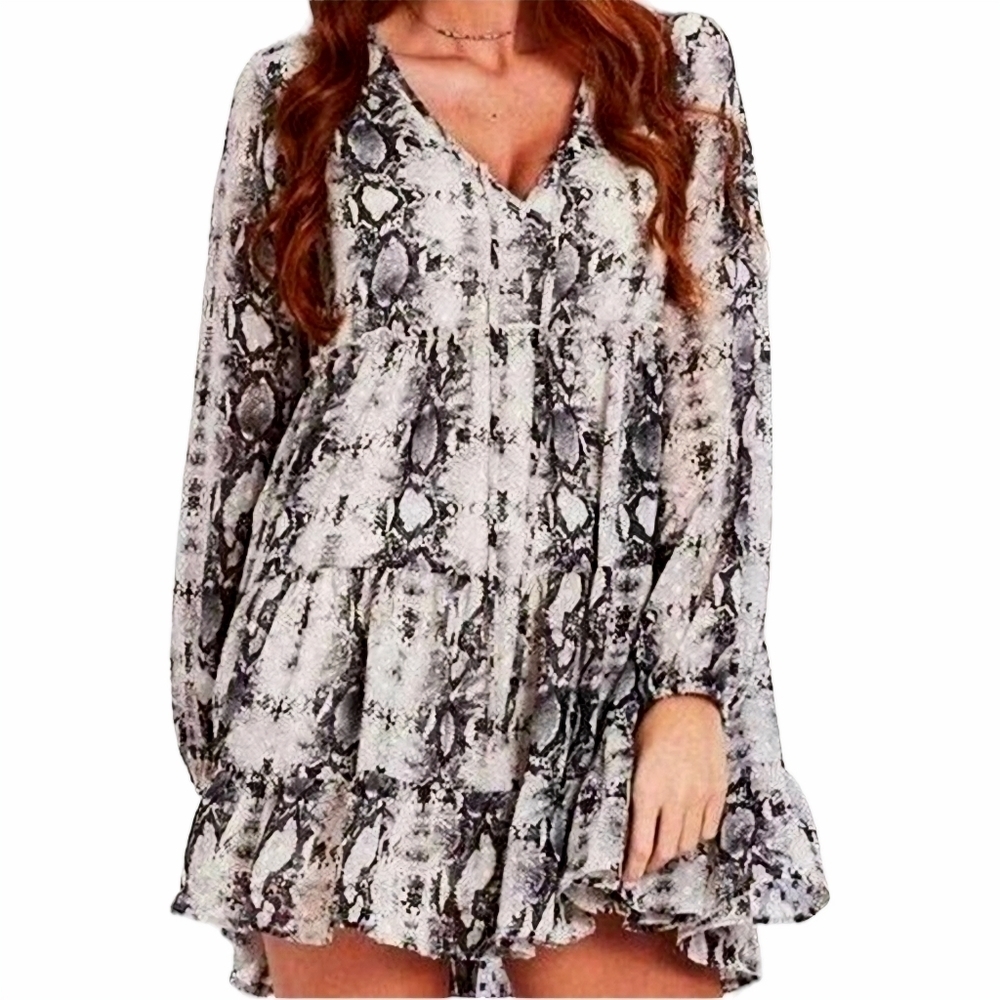 Altar'd State Gray Animal Print Sheer Vneck Ruffle Hem Lined Mini Dress Sz Small